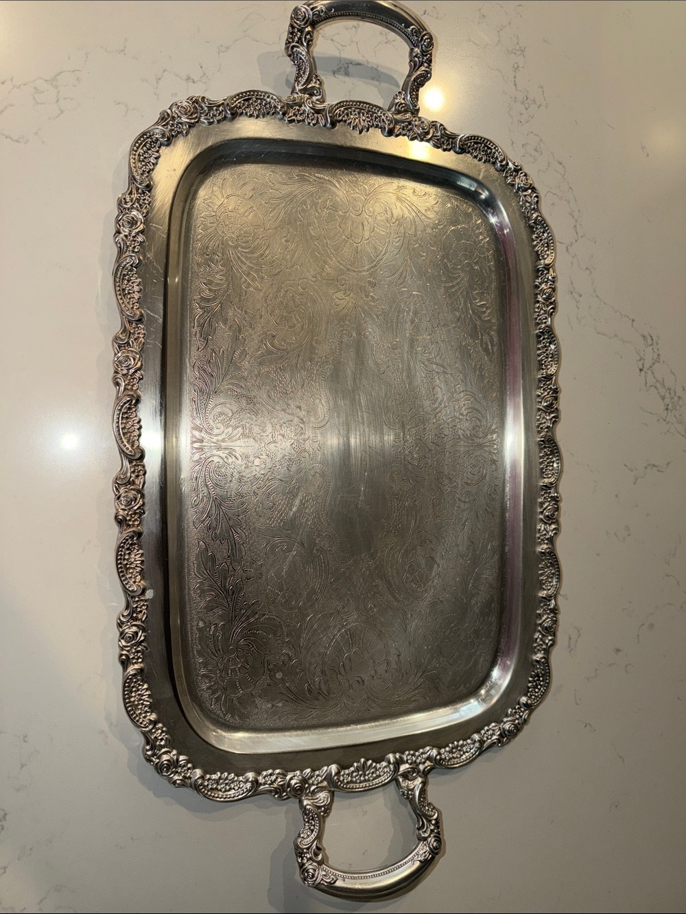Ornate Silver-Tone Decorative Serving Tray